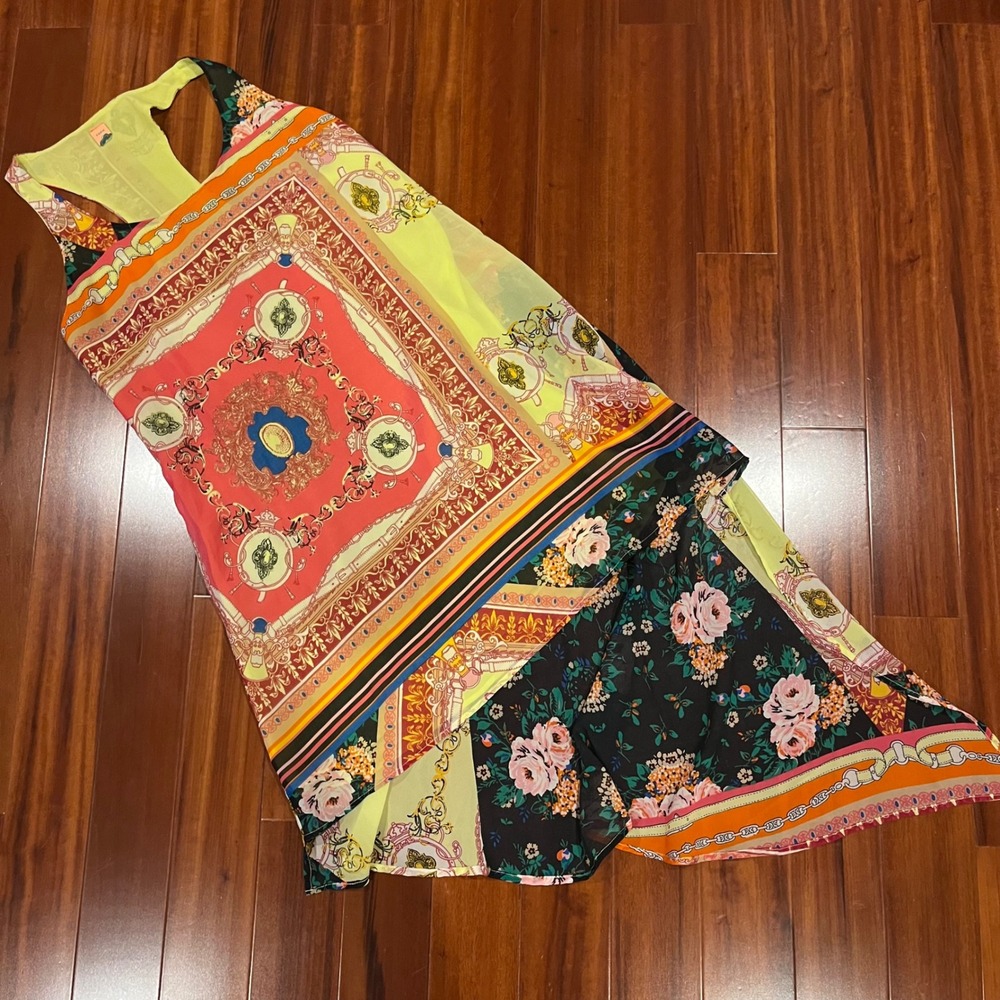 Farm Rio Tunic Top Mixed Print Asymmetric Floral Sleeveless Midi Dress Size S
